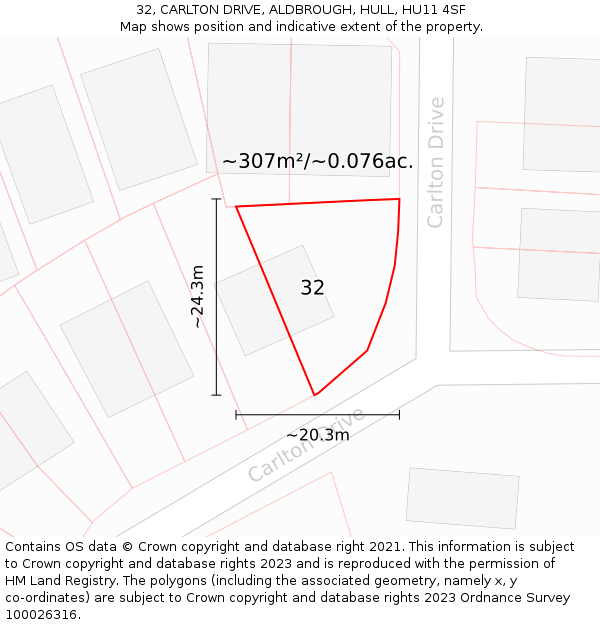 32, CARLTON DRIVE, ALDBROUGH, HULL, HU11 4SF: Plot and title map