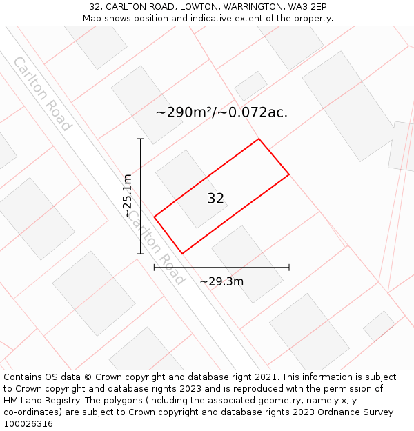 32, CARLTON ROAD, LOWTON, WARRINGTON, WA3 2EP: Plot and title map