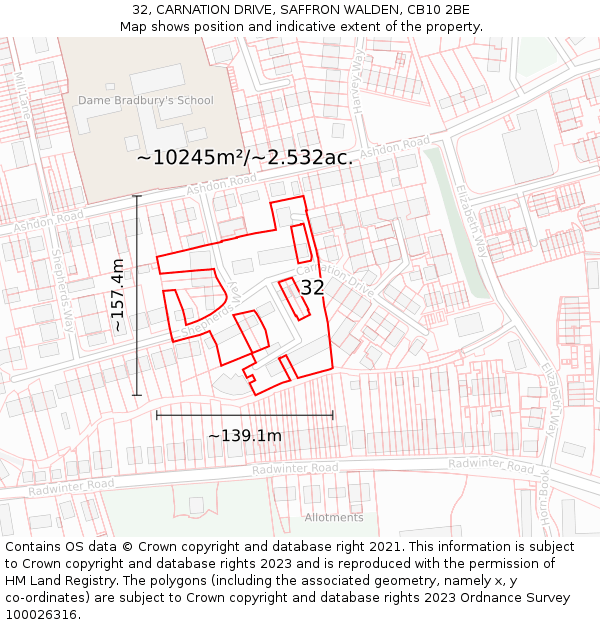 32, CARNATION DRIVE, SAFFRON WALDEN, CB10 2BE: Plot and title map