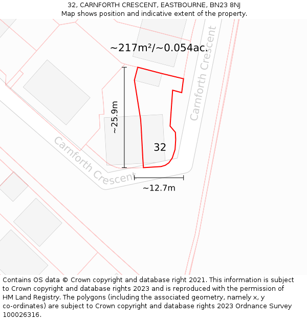 32, CARNFORTH CRESCENT, EASTBOURNE, BN23 8NJ: Plot and title map