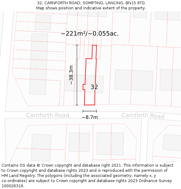32, CARNFORTH ROAD, SOMPTING, LANCING, BN15 9TG: Plot and title map