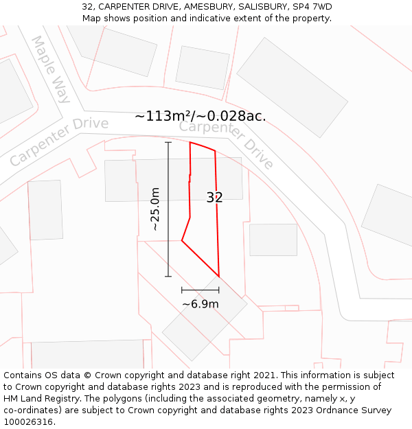 32, CARPENTER DRIVE, AMESBURY, SALISBURY, SP4 7WD: Plot and title map