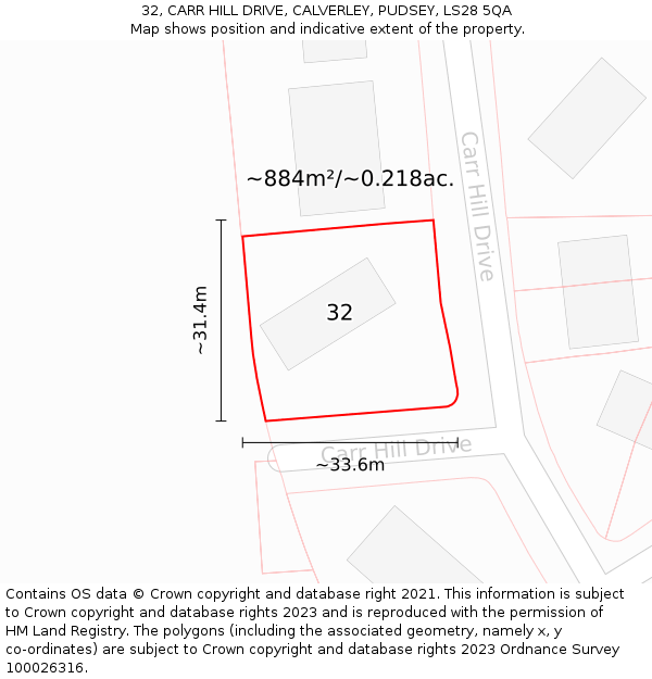 32, CARR HILL DRIVE, CALVERLEY, PUDSEY, LS28 5QA: Plot and title map