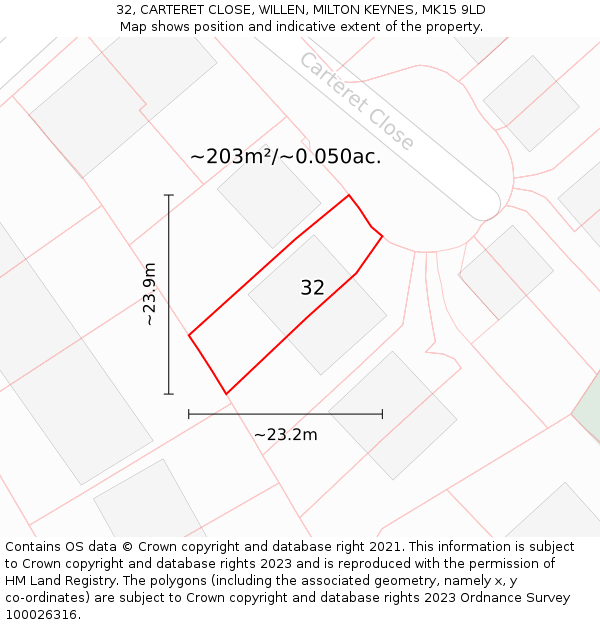 32, CARTERET CLOSE, WILLEN, MILTON KEYNES, MK15 9LD: Plot and title map