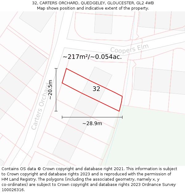 32, CARTERS ORCHARD, QUEDGELEY, GLOUCESTER, GL2 4WB: Plot and title map