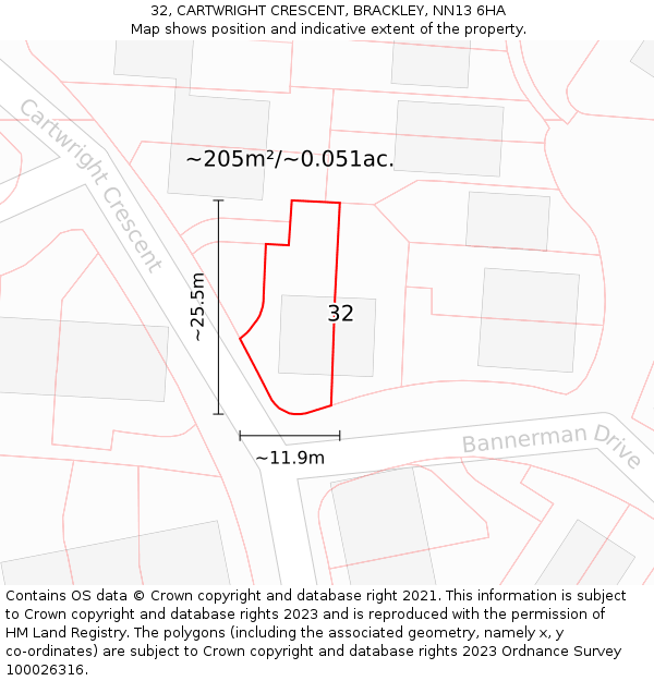 32, CARTWRIGHT CRESCENT, BRACKLEY, NN13 6HA: Plot and title map
