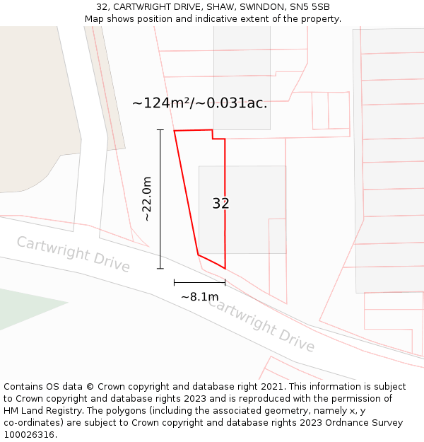 32, CARTWRIGHT DRIVE, SHAW, SWINDON, SN5 5SB: Plot and title map