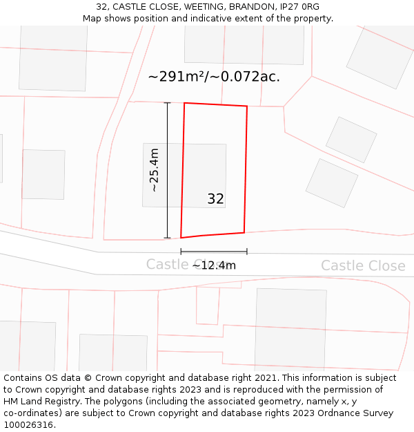 32, CASTLE CLOSE, WEETING, BRANDON, IP27 0RG: Plot and title map