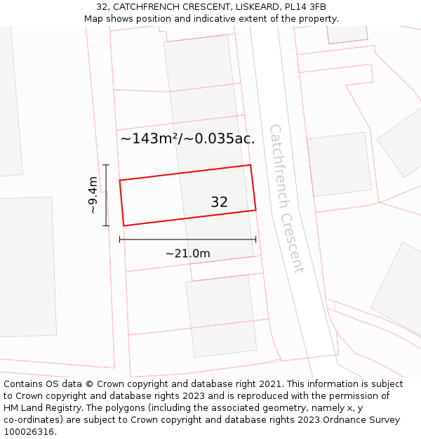 32, CATCHFRENCH CRESCENT, LISKEARD, PL14 3FB: Plot and title map
