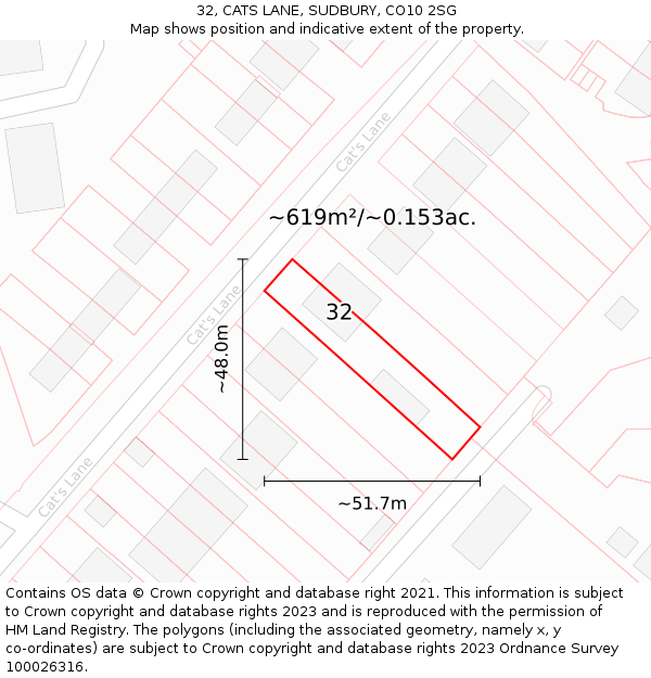 32, CATS LANE, SUDBURY, CO10 2SG: Plot and title map