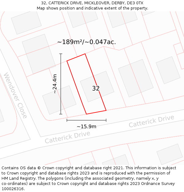 32, CATTERICK DRIVE, MICKLEOVER, DERBY, DE3 0TX: Plot and title map