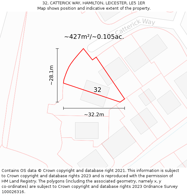 32, CATTERICK WAY, HAMILTON, LEICESTER, LE5 1ER: Plot and title map