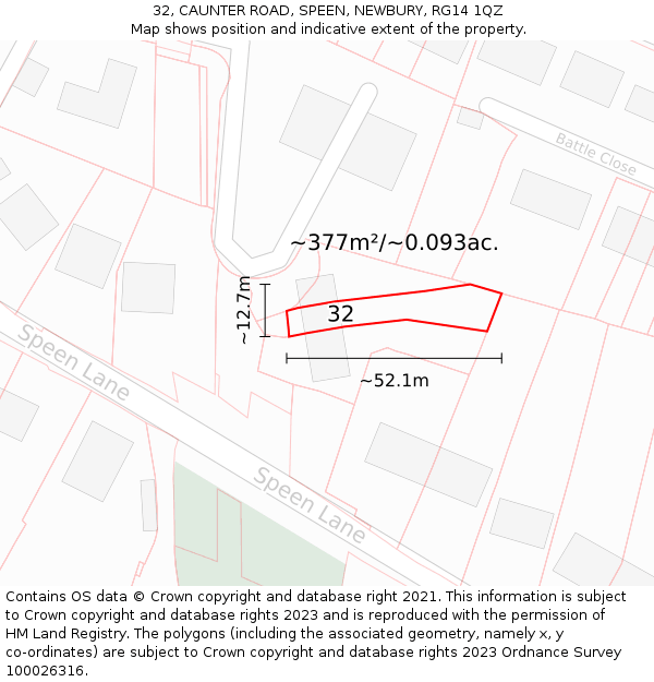 32, CAUNTER ROAD, SPEEN, NEWBURY, RG14 1QZ: Plot and title map