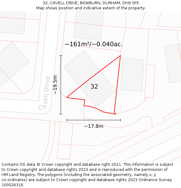 32, CAVELL DRIVE, BOWBURN, DURHAM, DH6 5FE: Plot and title map