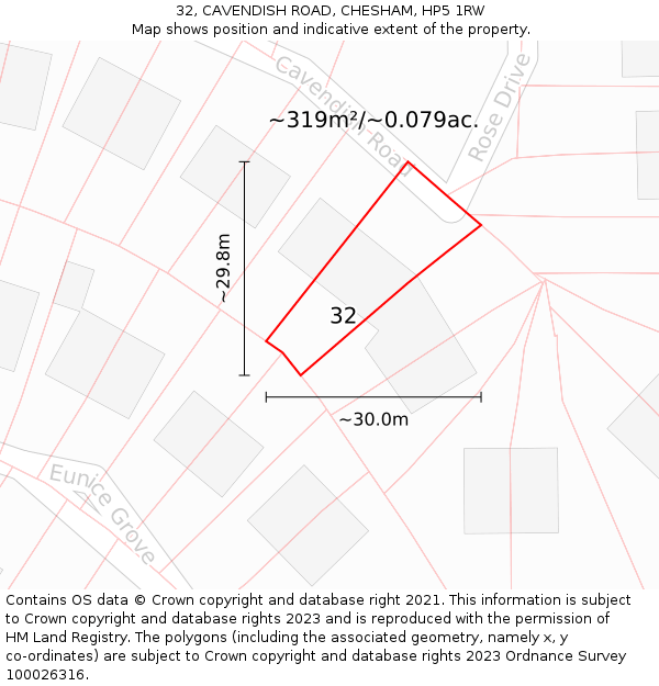 32, CAVENDISH ROAD, CHESHAM, HP5 1RW: Plot and title map