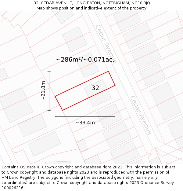 32, CEDAR AVENUE, LONG EATON, NOTTINGHAM, NG10 3JQ: Plot and title map