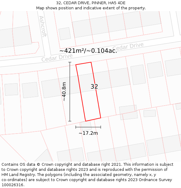 32, CEDAR DRIVE, PINNER, HA5 4DE: Plot and title map