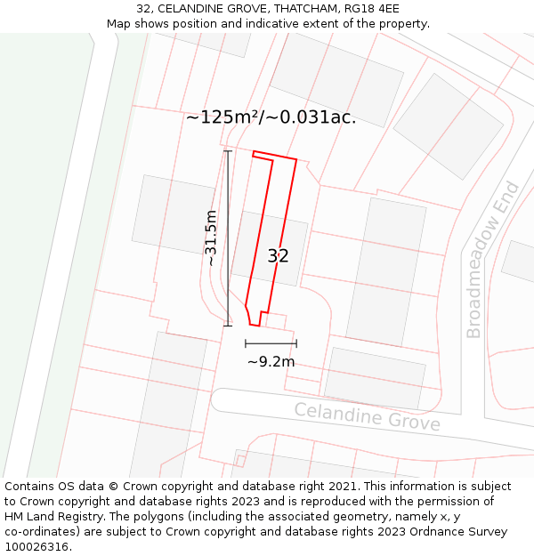 32, CELANDINE GROVE, THATCHAM, RG18 4EE: Plot and title map