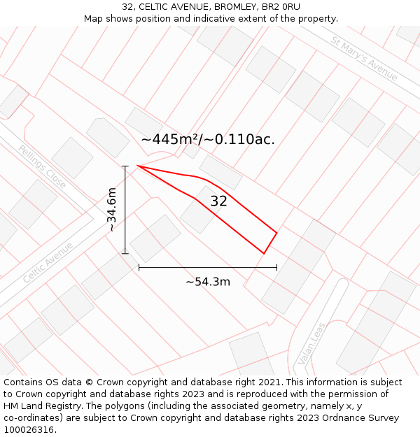 32, CELTIC AVENUE, BROMLEY, BR2 0RU: Plot and title map