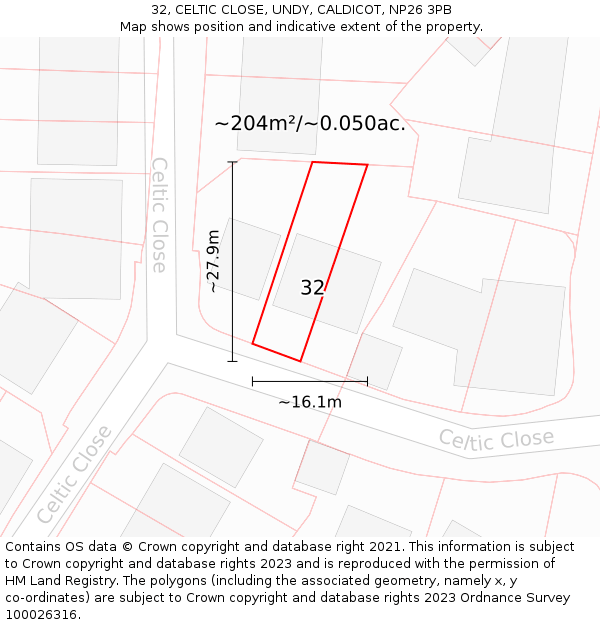 32, CELTIC CLOSE, UNDY, CALDICOT, NP26 3PB: Plot and title map