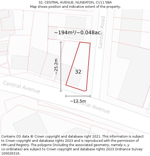 32, CENTRAL AVENUE, NUNEATON, CV11 5BA: Plot and title map