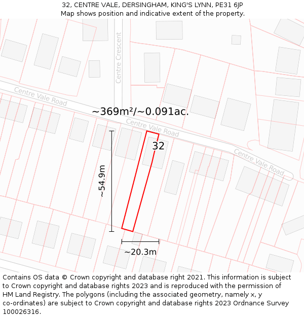 32, CENTRE VALE, DERSINGHAM, KING'S LYNN, PE31 6JP: Plot and title map
