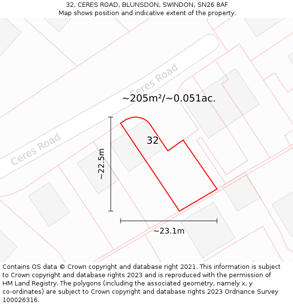 32, CERES ROAD, BLUNSDON, SWINDON, SN26 8AF: Plot and title map