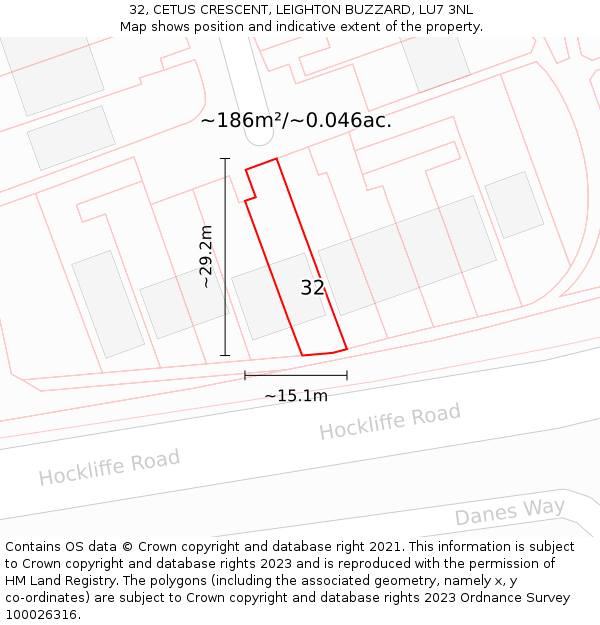 32, CETUS CRESCENT, LEIGHTON BUZZARD, LU7 3NL: Plot and title map
