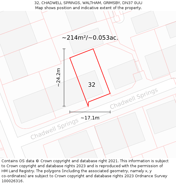 32, CHADWELL SPRINGS, WALTHAM, GRIMSBY, DN37 0UU: Plot and title map