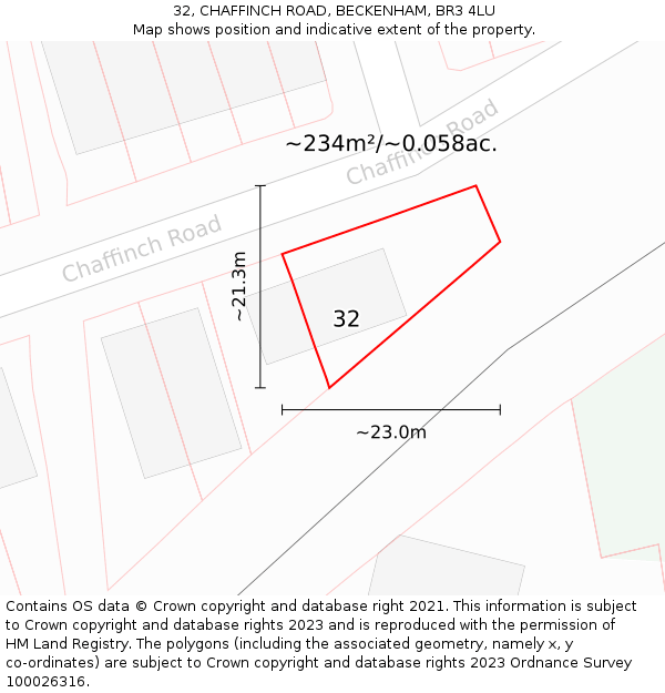 32, CHAFFINCH ROAD, BECKENHAM, BR3 4LU: Plot and title map