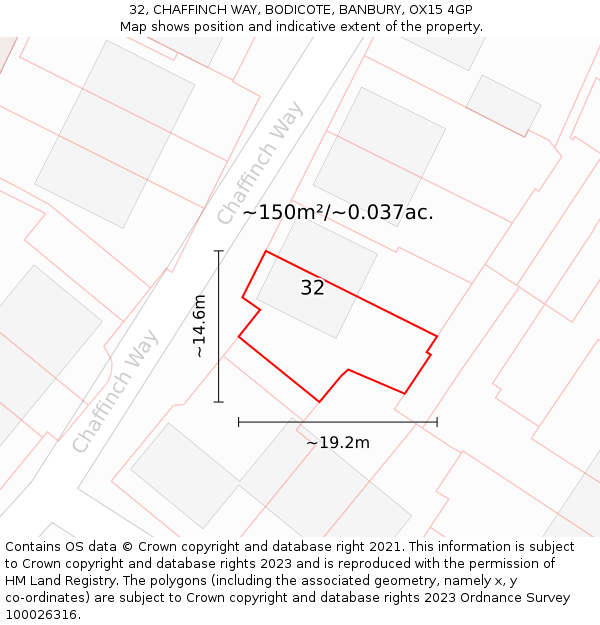 32, CHAFFINCH WAY, BODICOTE, BANBURY, OX15 4GP: Plot and title map
