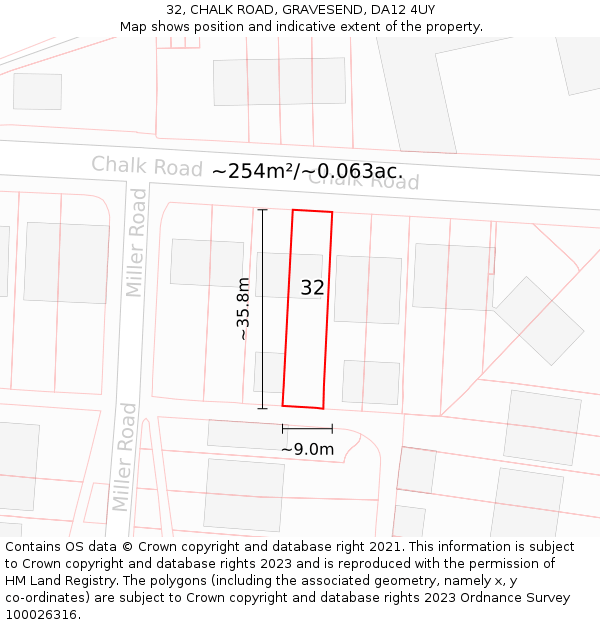 32, CHALK ROAD, GRAVESEND, DA12 4UY: Plot and title map