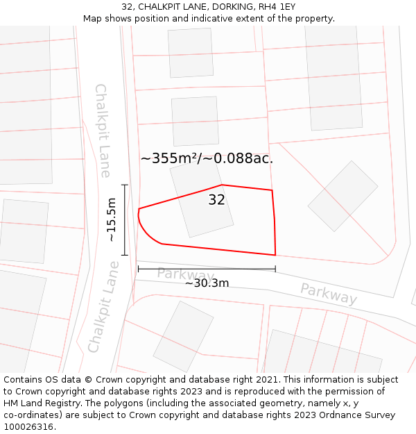32, CHALKPIT LANE, DORKING, RH4 1EY: Plot and title map