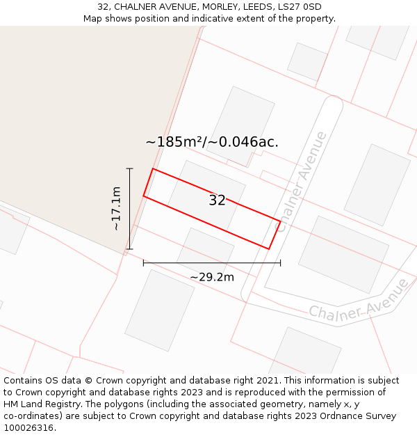 32, CHALNER AVENUE, MORLEY, LEEDS, LS27 0SD: Plot and title map