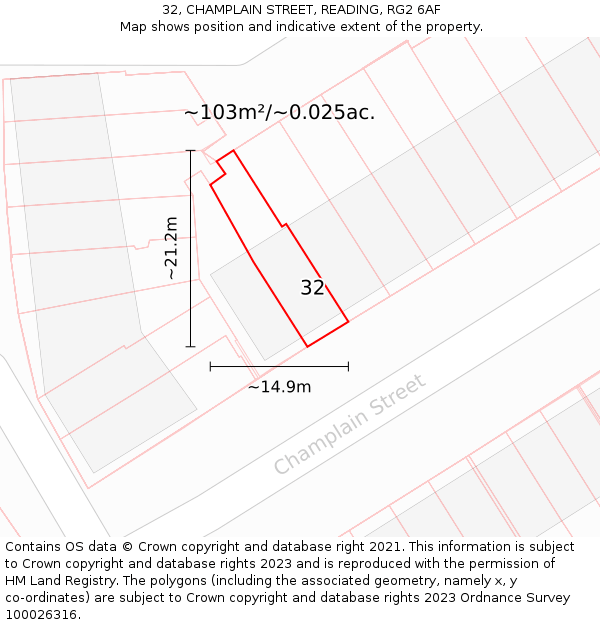 32, CHAMPLAIN STREET, READING, RG2 6AF: Plot and title map
