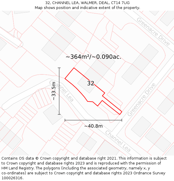 32, CHANNEL LEA, WALMER, DEAL, CT14 7UG: Plot and title map