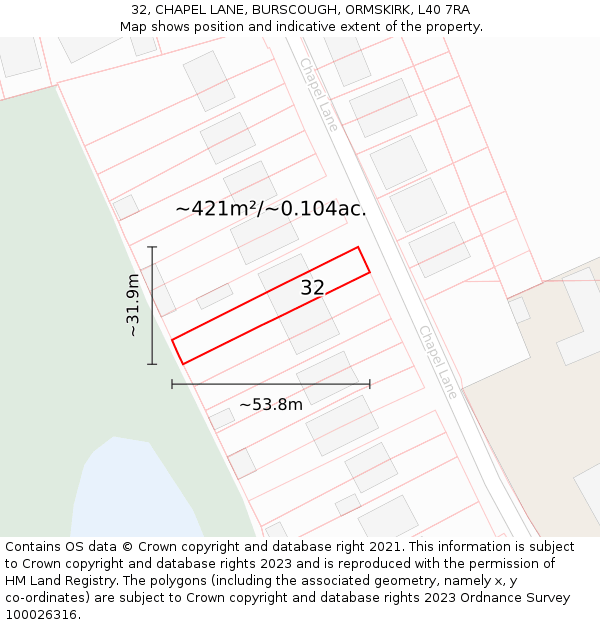 32, CHAPEL LANE, BURSCOUGH, ORMSKIRK, L40 7RA: Plot and title map