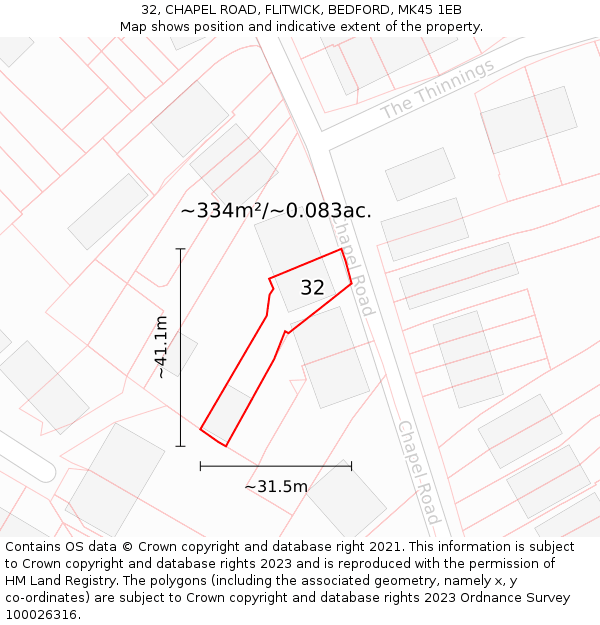 32, CHAPEL ROAD, FLITWICK, BEDFORD, MK45 1EB: Plot and title map