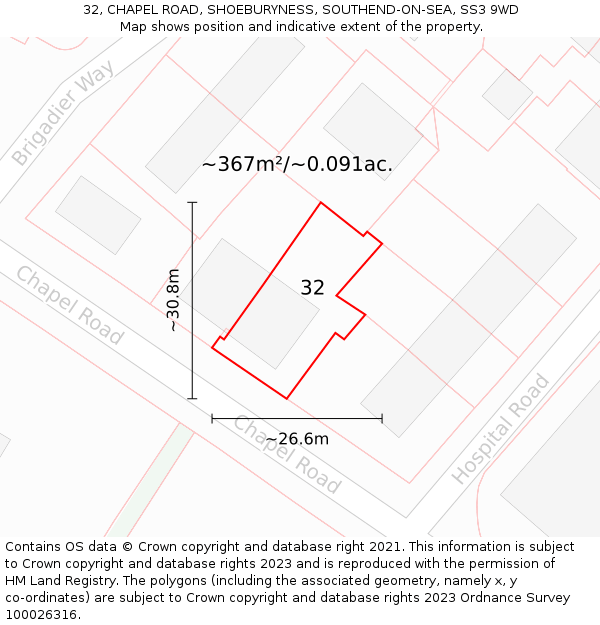 32, CHAPEL ROAD, SHOEBURYNESS, SOUTHEND-ON-SEA, SS3 9WD: Plot and title map