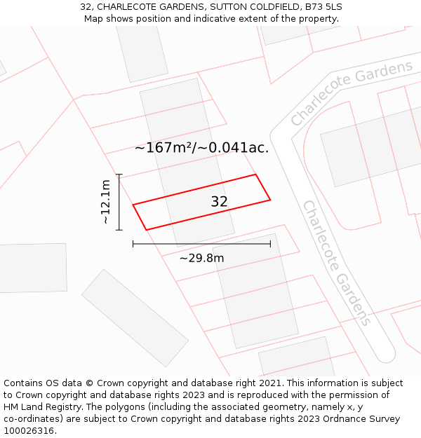 32, CHARLECOTE GARDENS, SUTTON COLDFIELD, B73 5LS: Plot and title map