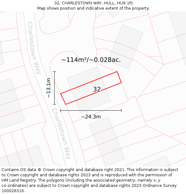 32, CHARLESTOWN WAY, HULL, HU9 1PJ: Plot and title map