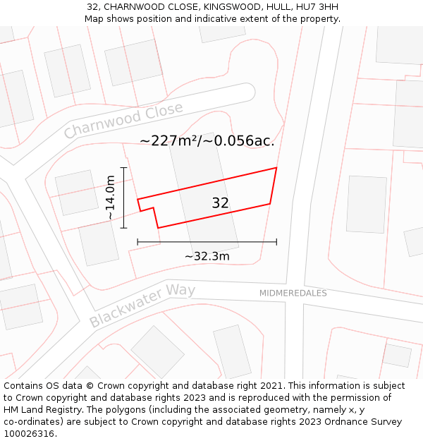32, CHARNWOOD CLOSE, KINGSWOOD, HULL, HU7 3HH: Plot and title map