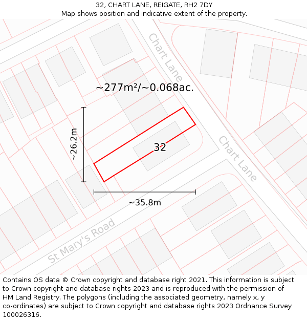 32, CHART LANE, REIGATE, RH2 7DY: Plot and title map