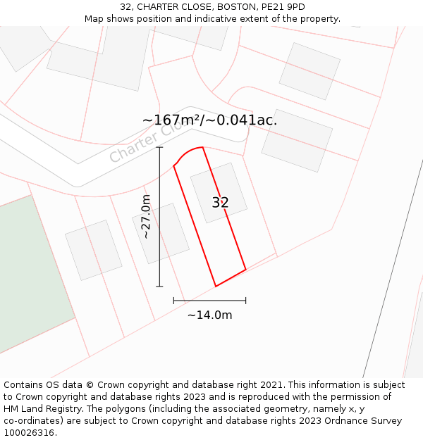 32, CHARTER CLOSE, BOSTON, PE21 9PD: Plot and title map