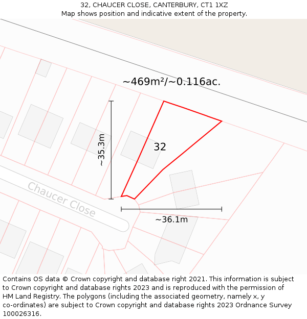 32, CHAUCER CLOSE, CANTERBURY, CT1 1XZ: Plot and title map