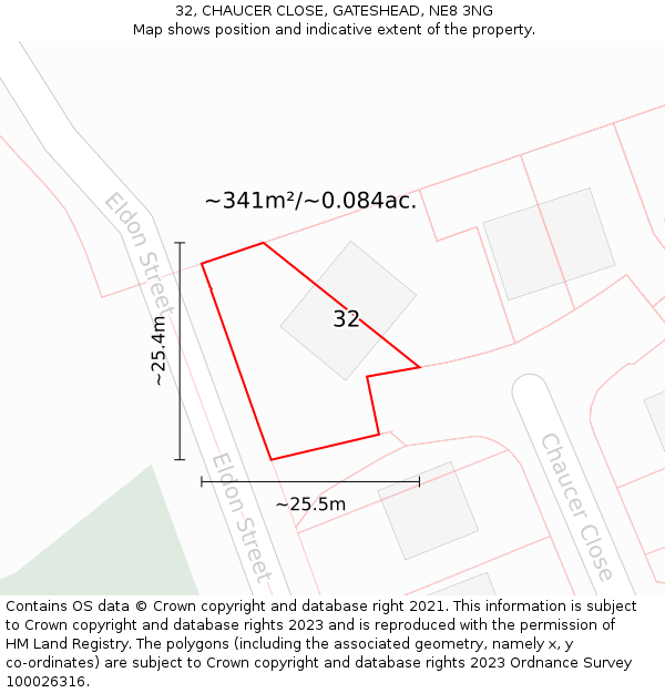 32, CHAUCER CLOSE, GATESHEAD, NE8 3NG: Plot and title map