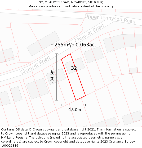 32, CHAUCER ROAD, NEWPORT, NP19 8HQ: Plot and title map