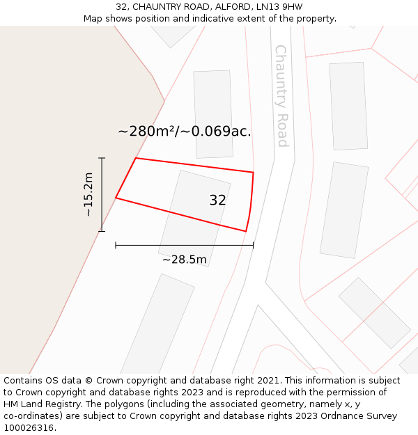 32, CHAUNTRY ROAD, ALFORD, LN13 9HW: Plot and title map