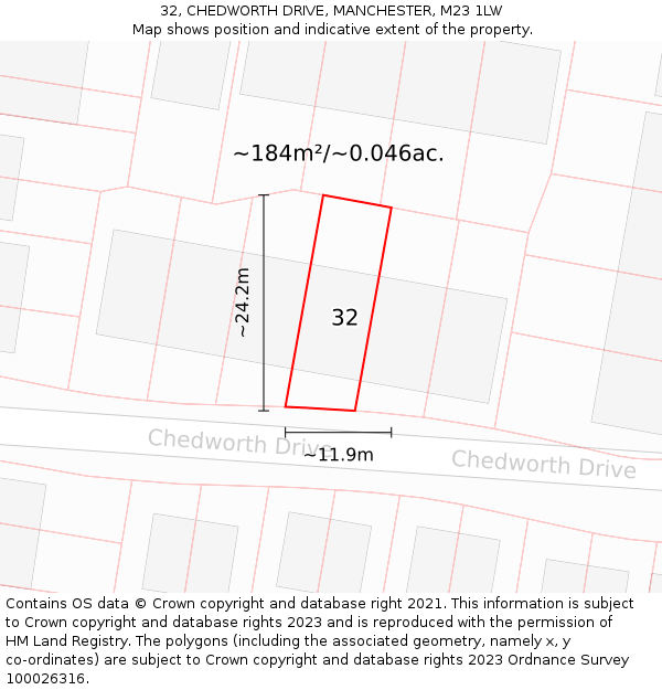 32, CHEDWORTH DRIVE, MANCHESTER, M23 1LW: Plot and title map