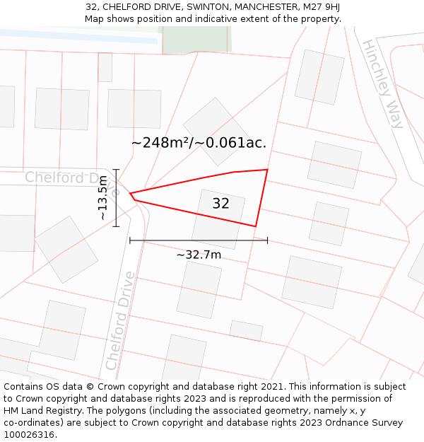 32, CHELFORD DRIVE, SWINTON, MANCHESTER, M27 9HJ: Plot and title map
